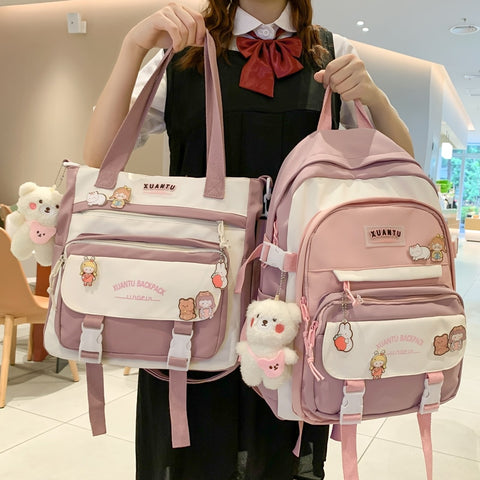 Geumxl Harajuku New High School Girls Backpack Shoulder Bags Multi Pockets Waterproof School Bag Teenage Girls Kawaii Backpack Mochila