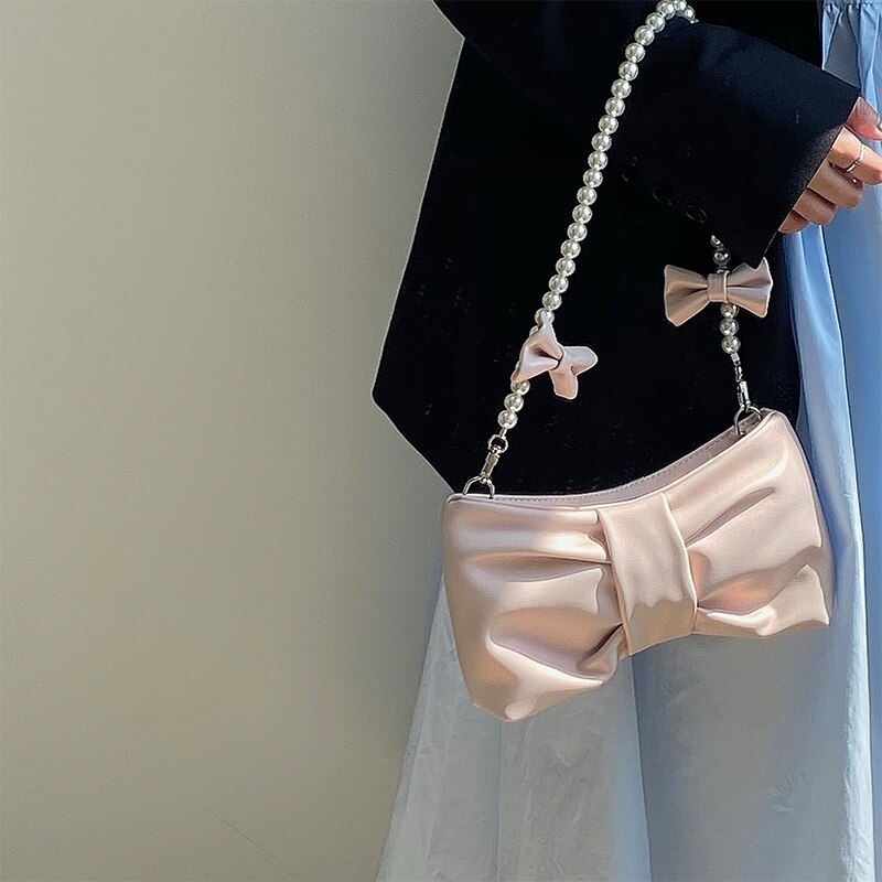 Girly Pearl Bow Cute Underarm Bag Fairy Women's Small Pink Shoulder Bag Soft PU Leather Female Pearlescent Clutch Purse Handbags