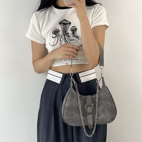 Fashion Women Canvas Hobos Underarm Bag High-quality Female Crescent Purse Handbags Retro Chain Cool Girls Black Shoulder Bags