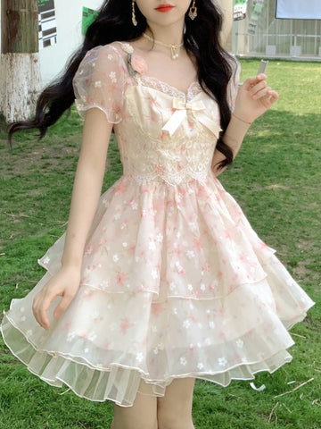 Geumxl-hoco dresses  French Vintage Mini Dress Women Kawaii Clothing Lolita Dress Even Party Female 2024 Summer Short Sleeve Fairy Floral Dress Chic