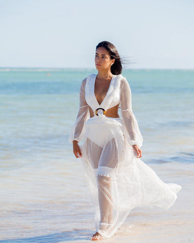 Geumxl Sexy Deep V-neck Cut Out Long Sleeve Maxi Dress Long White Lace Tunic Party Women Clothes 2023 Summer Beach Dress