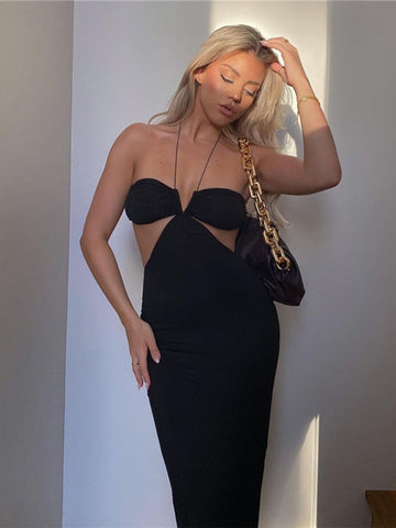 Fall outfits  2023 Summer Spaghetti Strap Halter Sexy Backless Maxi Dress Elegant Bandage Sleeveless Club Party Dresses Bodycon