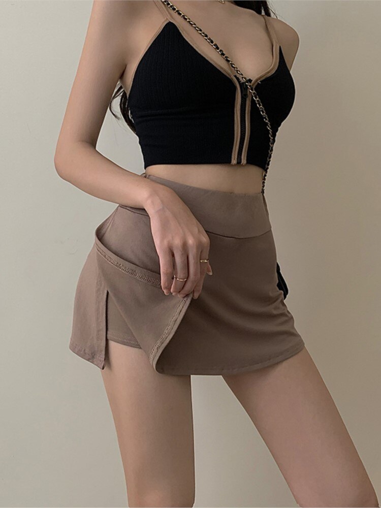 Geumxl Pastel Goth Micro Khaki Ins skirt Patchwork casual Micro skirt 90s A-line high waist elastic E-girl Y2K Aesthetics Short Bottoms