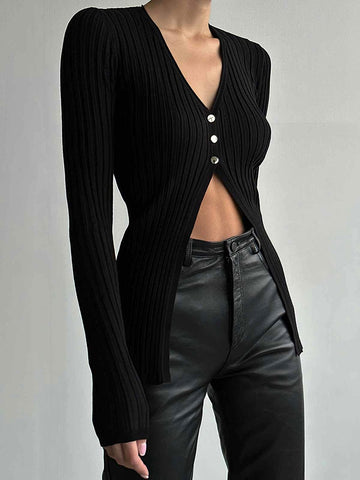 Streetwear Fashion Black Knit Cardigan for Women V Neck Buttons Autumn Sweater Slim Basic Knitwear Elegant Tops