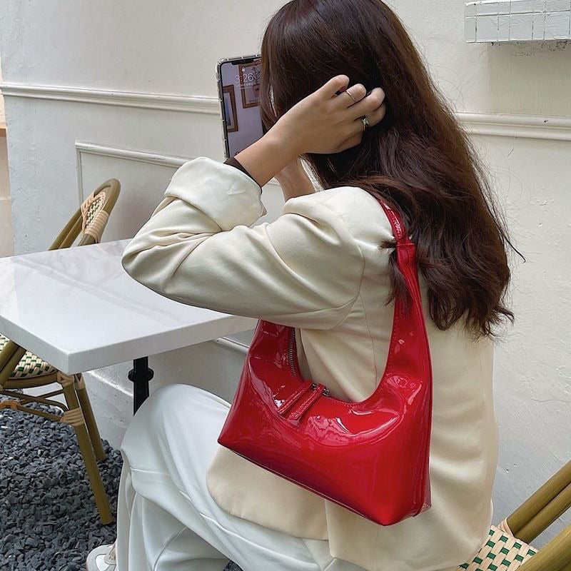 Geumxl Women Patent Leather Underarm Bags Vintage Red Ladies Luxury Shoulder Bag Female Hobos Simple Designer Clutch Purse Handbags
