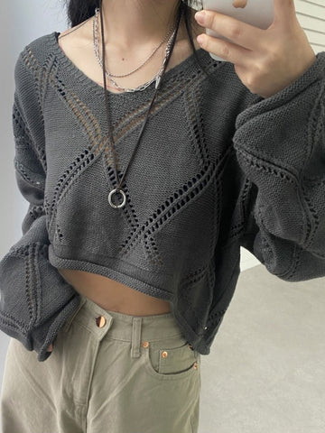 Geumxl Harajuku Goth Loose Women Sweaters Knitting Argyle Hollow Out Smock Jumper Loose Casual Autumn Pullover Knitwear Cute