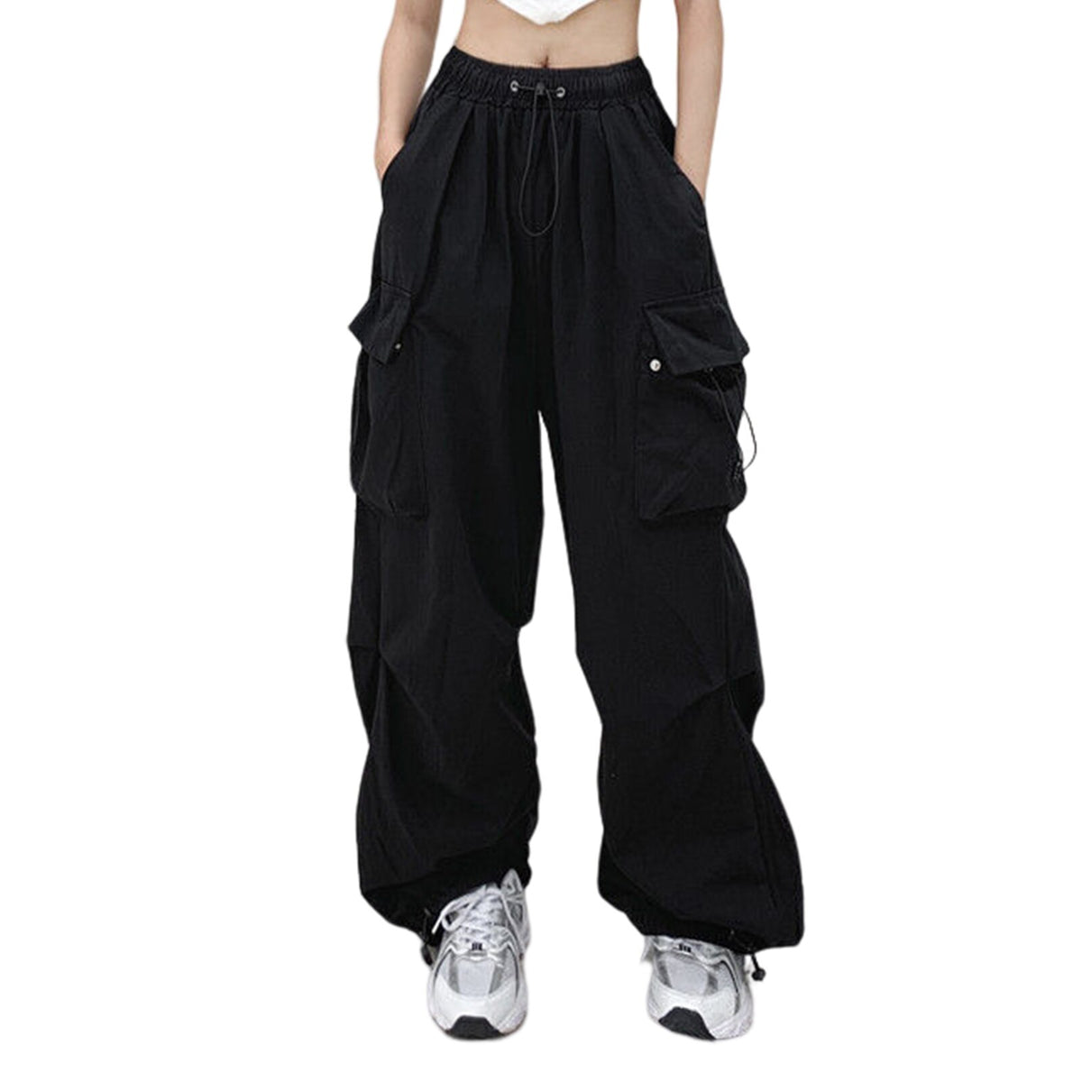 Back to School Women Wide Leg Cargo Pants Y2k Baggy Straight Trousers Elastic Waist with Pockets Solid Color Vintage Streetwear Sweatpants