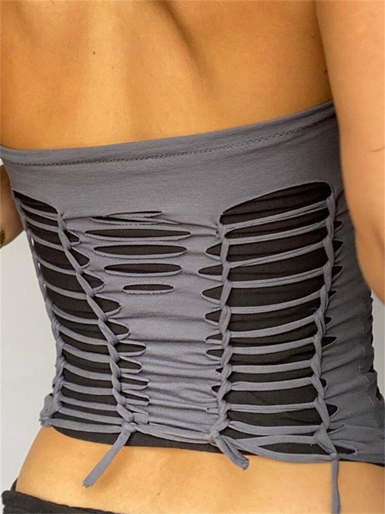 Geumxl Hollow Out Mesh Tube Top Bustier For Women Strapless Cute Tops Cropped Patchwork Double-layer Broken Corset Tops Camisole
