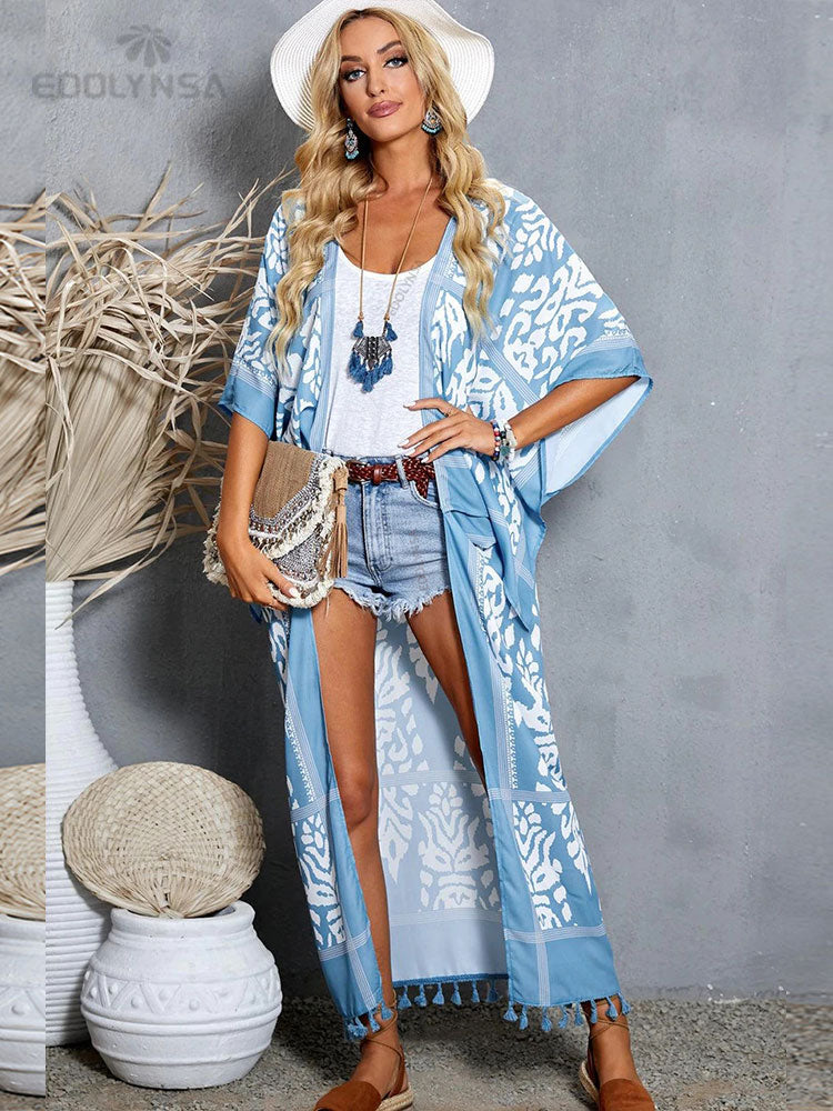 Geumxl Printed Fringed Long Kimono Dress Bikini Wrap Cover-Ups Plus Size Women Summer Clothes Beach Wear Swim Suit Cover Up A1098