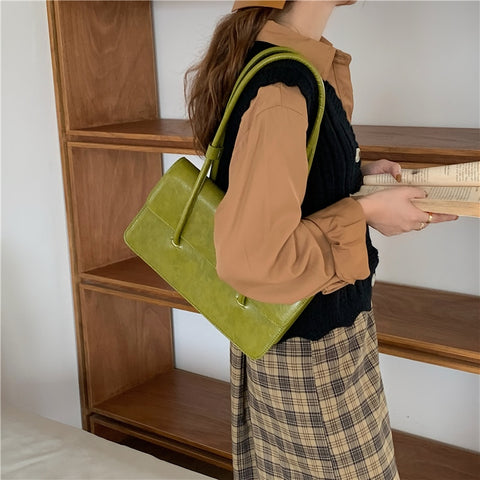 Geumxl Back to School Retro Simple Women's Underarm Bag Vintage Green Ladies Square Shoulder Bags Winter Fashion Female Tote Purse Top Handle Handbags