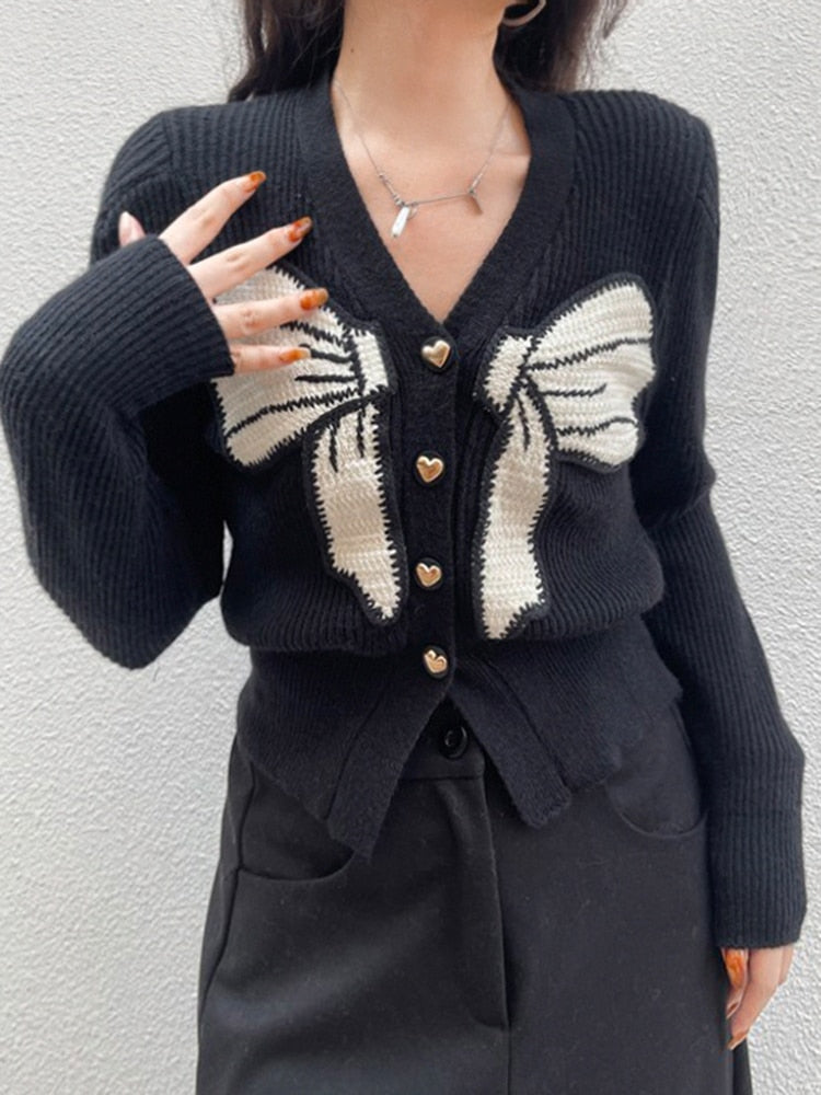 Geumxl Korean Fashion Bow Patched Christmas Sweater Women Knitted Cardigans Buttons Up Cute Vintage Autumn Sweaters Outwear