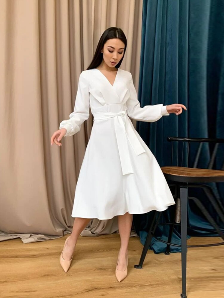 Elegant Lantern Sleeve Dress 2023 Fashion Women Dress For Party Office Ladies V-Neck A-Line Midi Dresses Casual Spring Clothing