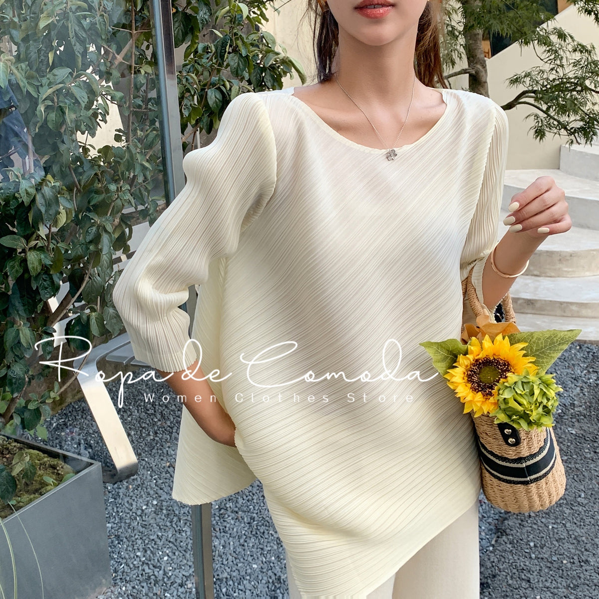 Pleated Women Casual Top Pleated Blouse O Neck Designer Top 2021 Autumn Loose Plus Size Three Quarter Sleeve Top Fashion
