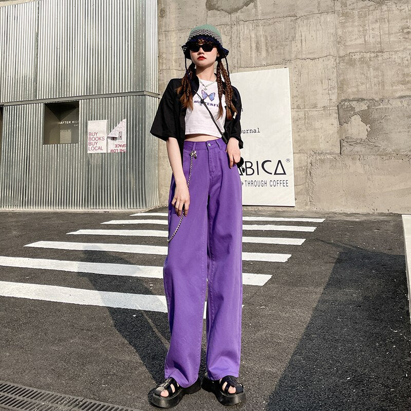 Geumxl Neon Green Denim Stacked Jeans Gothic Trousers Y2k Wide Leg Pants Aesthetics E-girl Vintage Pockets Solid Pants 90s Fashion