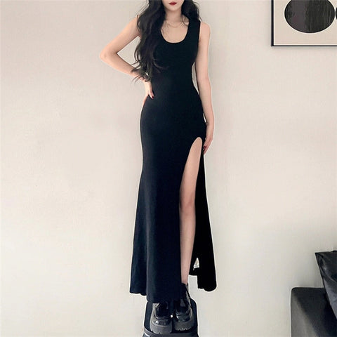 Geuxml  Summer Women Midi Dress Fashion Black Sexy Slit Sleeveless  Chic Club Y2k  Elegant High Casual  Sheath Dresses Vestido 2023 New