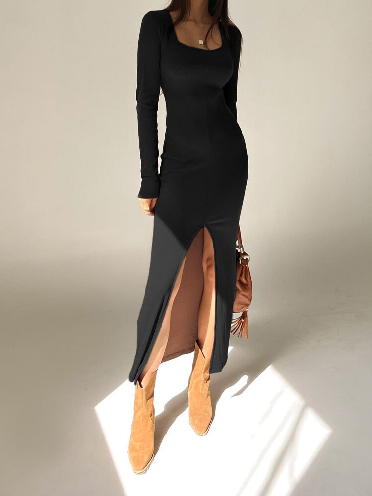 Geumxl Fashion Knit Square Neck Black Elegant Dress Female Autumn Winter Slim Split Party Long Dresses Basic Casual Clothing