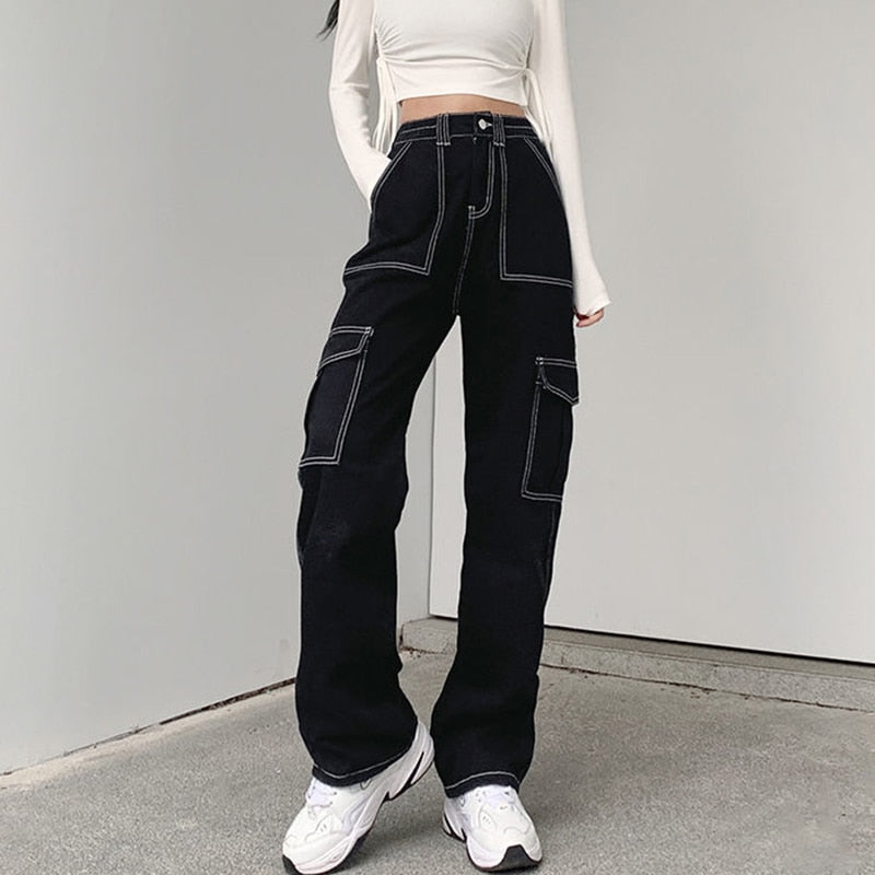 Geumxl Streetwear Pockets Black Cargo Jeans Women High Waist Straight Denim Trousers Woman 2023 Harajuku Wide Leg Long Pants