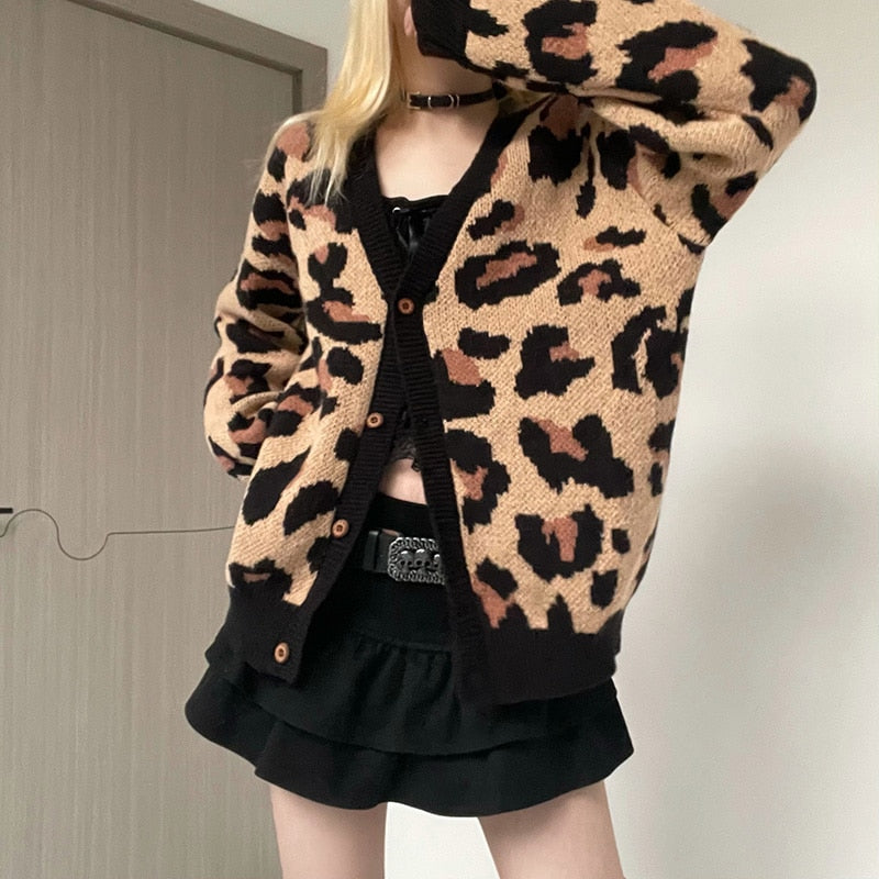 Geumxl Harajuku Leopard Winter Cardigans Female Buttons Up Knitted Sweater Jacket Retro Loose Contrast Knitwear Coat Outfits