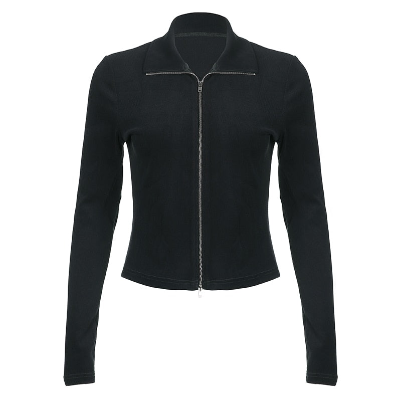 Geumxl Streetwear Turtleneck Knitted Black Zipper Casual Jacket Female Basic Sporty Chic Coat Sweats Solid Y2K Autumn Jacket