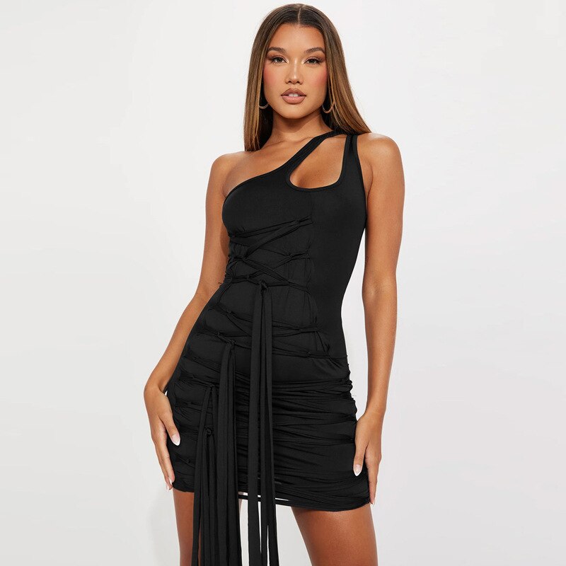 Geumxl New Solid Color Sexy One-shoulder Strap Skinny High-waisted Hip Wrap Bodycon Dress Fringed Irregular Mini Dresses