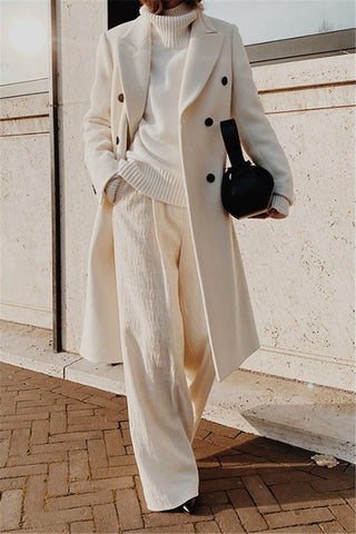 Geumxl Woolen Blends Winter Coat For Women Lapel Double-Breasted Office Lady Long Jackets Windbreaker 2023 Casual Female Coats White