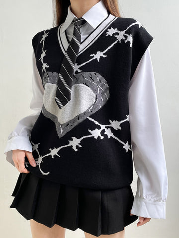 Geumxl Gothic Grunge Pattern Thorns Heart Sweater Vest V Neck Loose Harajuku Autumn Pullover Jumpers Knitted Aesthetic Dark