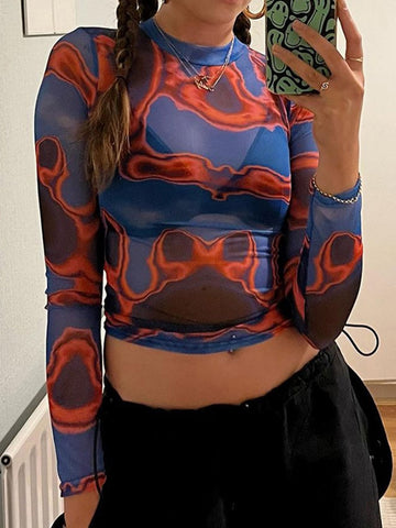 Streetwear Graphic Printed Skinny Mesh Top Women Y2K Vintage Aesthetic See Through Sexy Crop Tops Party 2000s Outfits