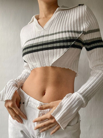 Geumxl Korean Fashion Stripe Stitching White Crop Top Women Sweaters Knitted Preppy Style Turn-Down Collar Autumn Pullovers