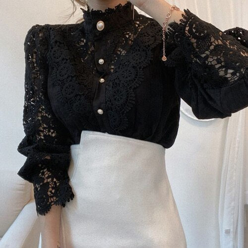 Elegant Women's Tops Chic Spring And Autumn Loose Chic Buttons Lace Hollow Floral Stitching Long Sleeve Stand Collar White Shirt