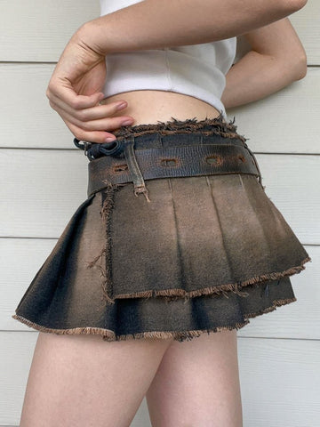 Geumxl Vintage Grunge Fairycore Distressed Low Waist Mini Skirt Women Burr Lace Up Y2K Denim Pleated Skirts Super Short Sexy
