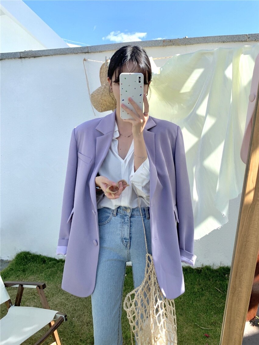Geumxl Spring Solid Colorful Business Causal Suit Blue Blazer Office Lady Korean Style Coats Lose Fit Urban Retro Jackets for Women
