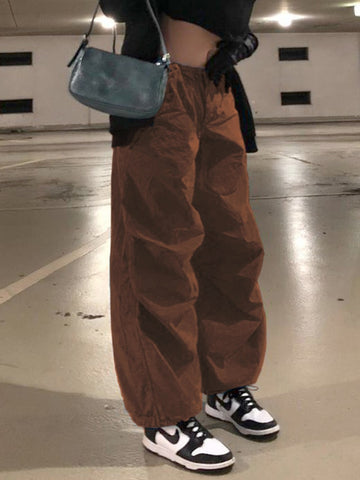 Geumxl Y2K Streetwear Drawstring Cargo Parachute Pants Hippie Harajuku Loose Draped Low Waist Tech Sporty Trousers Oversize