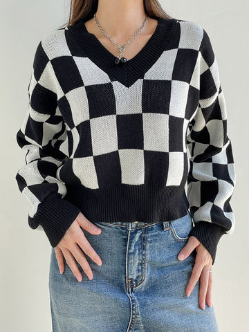 Geumxl Casual V Neck Black White Plaid Sweater Female Cropped Knit Pullover Tops Harajuku Gothic Autumn Sweaters Jumpers Y2K