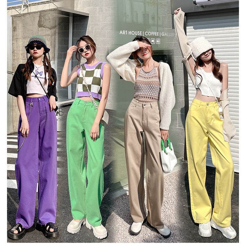 Geumxl Neon Green Denim Stacked Jeans Gothic Trousers Y2k Wide Leg Pants Aesthetics E-girl Vintage Pockets Solid Pants 90s Fashion
