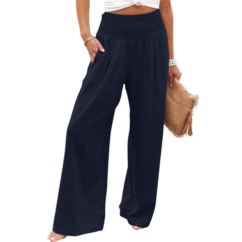 Back to School Cotton Linen Women Loose Casual Pants Pleated Wide Leg Long Pants High Waist Solid with Pockets Fashion Summer Trousers