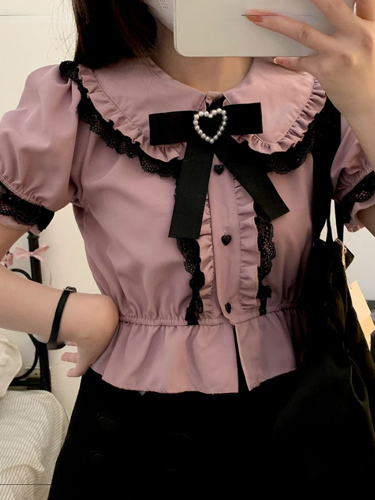 Back to School Kawaii Girl Sweet Cute Lolita Puff Sleeve Shirt Summer Y2k Lace All Match Blouse Top New Female Single Breasted 2023 Summer