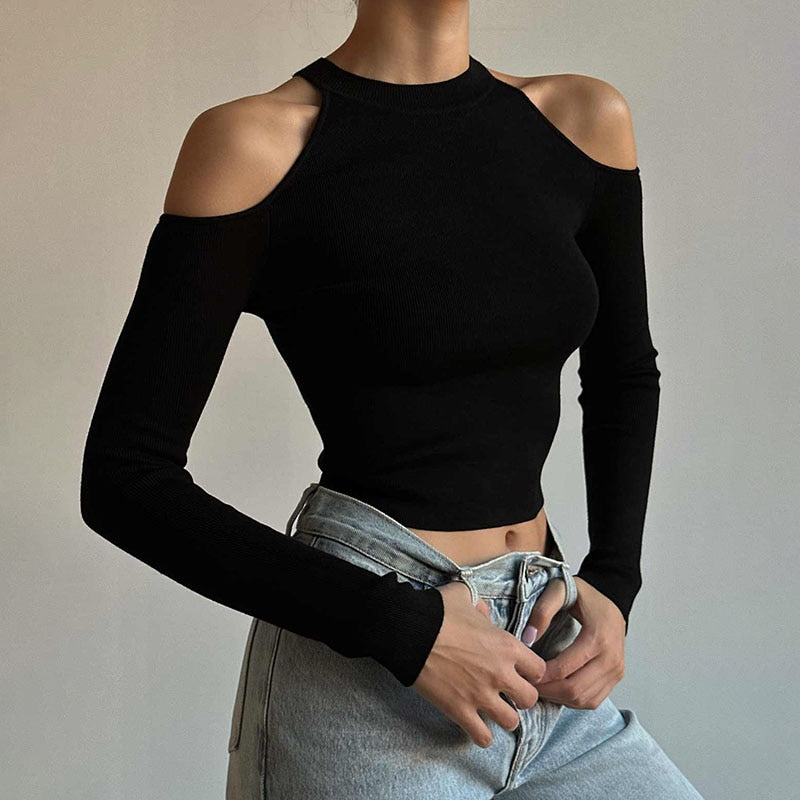Geumxl Casual Basic Black Skinny Sweater Women Open Shoulder Fashion Knitwear Crop Tops Elegant Knit Pullover Autumn Outfits