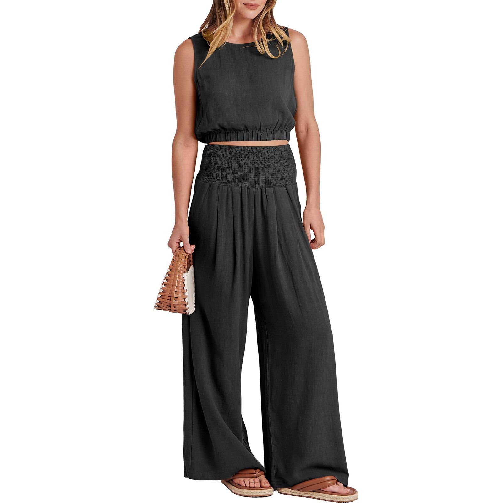 Back to School Wide Leg Women Casual 2 Piece Outfit Ladies Crew Neck Top Smocked Pants High Waisted Boho Style Sleeveless Daily Outfit