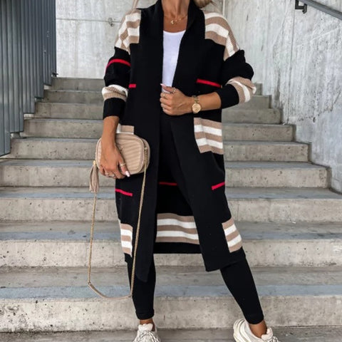 Thanksgiving Day Gift Geumxl Autumn Winter Knitted Cardigan Women Striped Patchwork 2022 Elegant Loose Long Outerwear Maxi Y2k Sweater Coat Soft Jacket