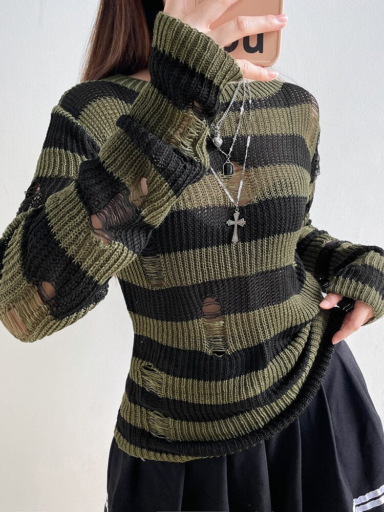 Geumxl Y2K Fairycore Grunge Hole Distressed Sweater Tops Vintage Stripe Ripped Pullover Knitting 90S See Through Jumpers New