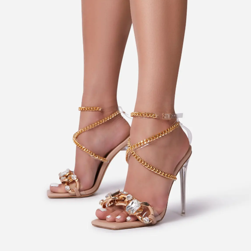 Gladiator Ladies Shoes Sandals Gold Chain Strappy Bright Diamond PVC Thin Heels Summer Women Zapatos De Mujer Tacon Cross-strap