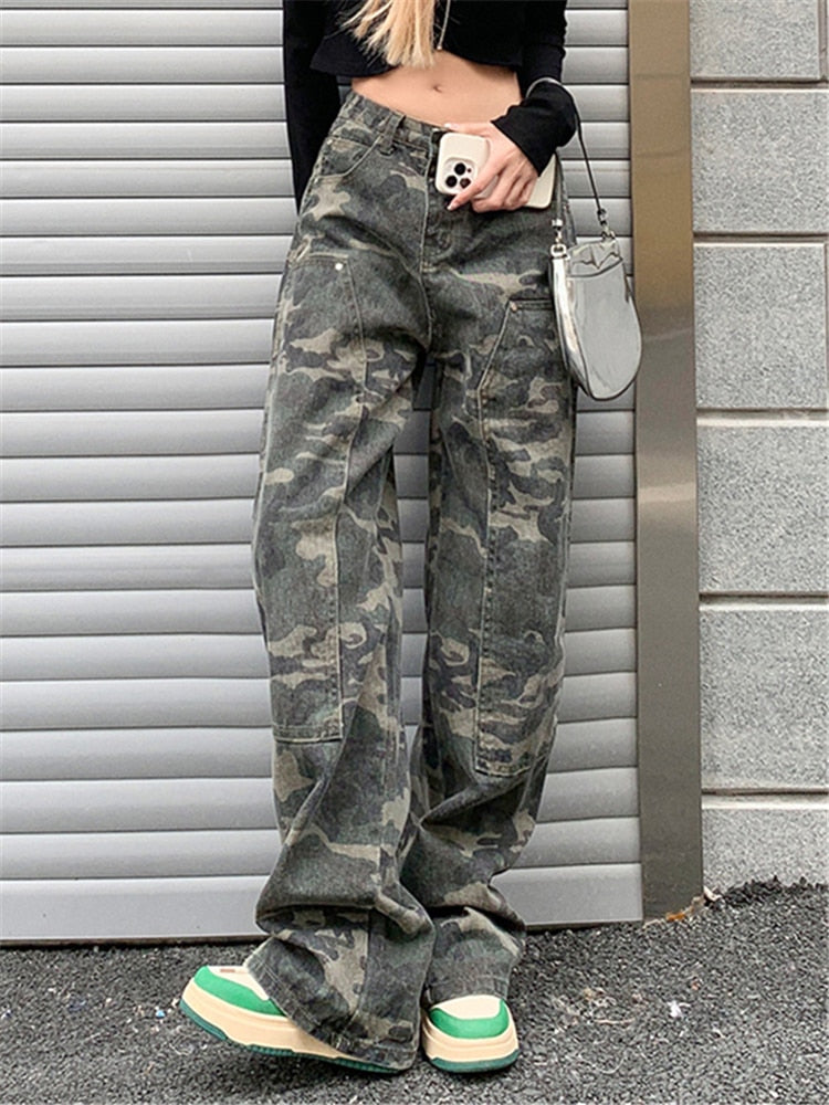 Geumxl High Waist Camouflage Denim Cargo Pants Womens New Autumn Streetwear Loose Wide Leg Long Pants Trouses Female