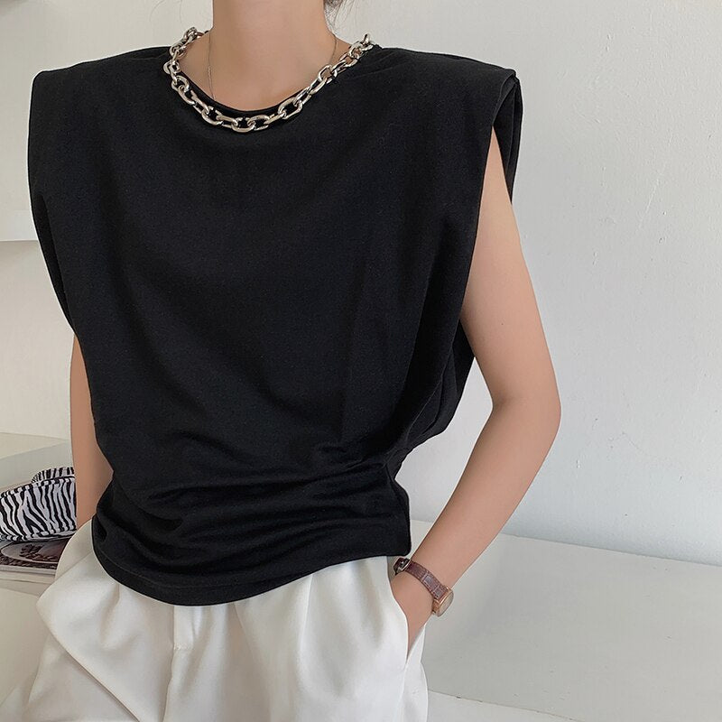 Geumxl Designer Solid Color Cotton Short Sleeve T Shirt With Padded Shoulders Fashion Woman Blouses 2023 Harajuku Aesthetic Sleeveless