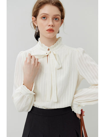 Geumxl French Temperament Ribbon Lace-up Stand Collar Shirt for Female Autumn 2023 Niche Long-sleeved Design Top Shirt Women