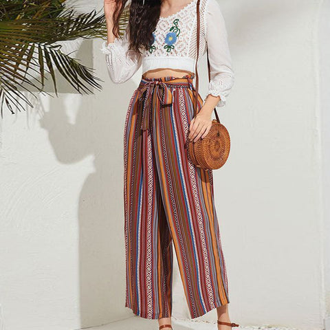 Geumxl Wide Leg Pant Loose Fit Women Ladies Casual Long Pants Vertical Striped Colorful Trousers Beach Vacation Womens Pants