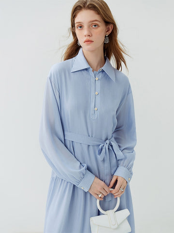 Geumxl French Literary Casual Striped Blue Dress for Women 2023 Autumn New Shirt Collar Lace-up Design Elegant Dress Female