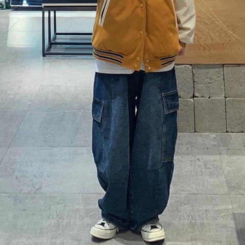 Geumxl Harajuku Wide Leg Baggy Jeans Women 2022 Autumn Pockets High Waist Cargo Pants Woman Dark Blue Streetwear Trousers Female