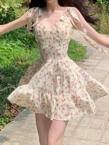 Geumxl--hoco dresses  Casual Beach Straps Dress Women Slim 2024 Summer Sweet Elegant Y2k Mini Dress Fairy Sleeveless Floral One Piece Dress Korean