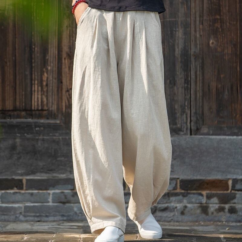 Geumxl Cotton Linen Wide Leg Pants for Women 2022 Elastic High Waist Casual Trousers Woman Solid Color Pocket Loose Pants Feamle