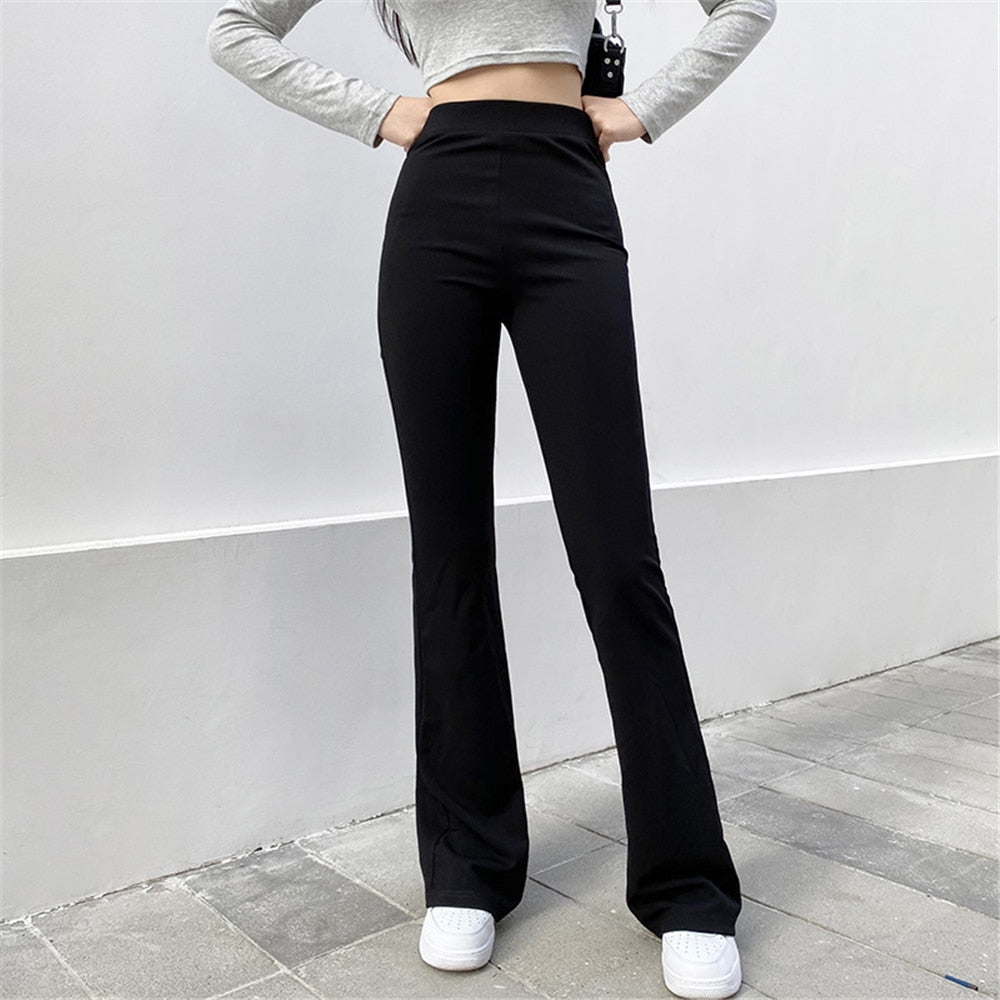 Geumxl Vintge Women Fashion Elastic Waist Black Flared Pants Solid Color High Waist Wide Leg Trousers Casual Hipster Streetwear Pants